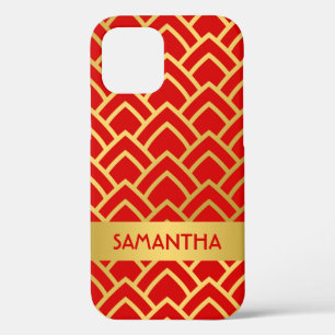 Gold Red Art Deco Geometric Personalised Name iPhone 12 Case