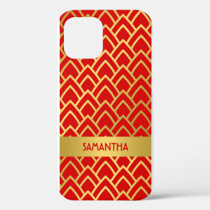 Gold Red Art Deco Geometric Personalised Name iPhone 12 Case