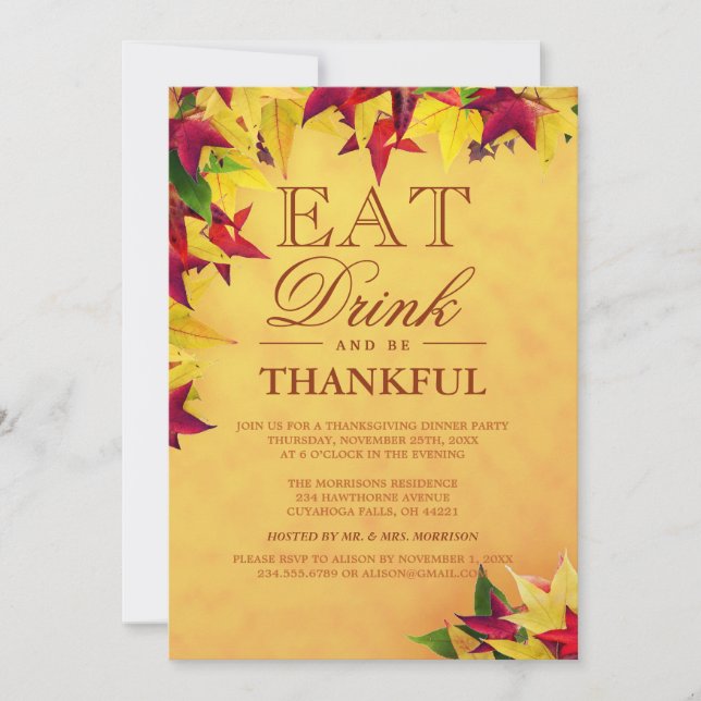Gold Red Autumn Leaves Thanksgiving Dinner Party Invitation (Front)
