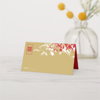 Gold & Red Bamboo Leaves Double Xi Chinese Wedding Place Card