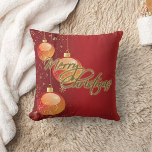 Gold Red Baubles Merry Christmas Pillow