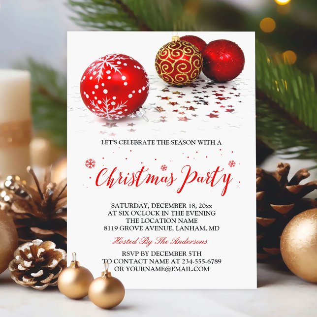 Gold Red Baubles Simple Stylish Christmas Party Invitation (Creator Uploaded)