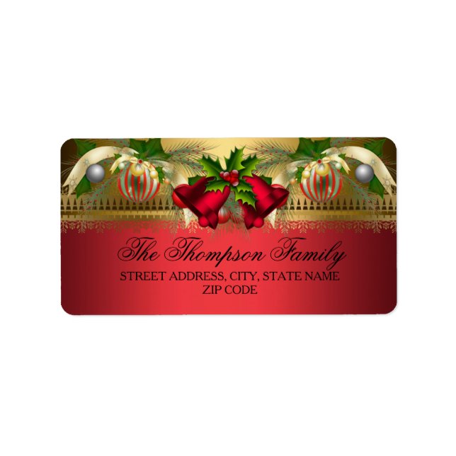 Gold Red bells & Baubles Christmas Address Labels (Front)
