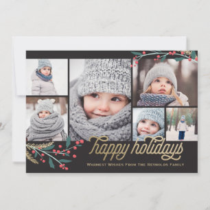 Gold Red Berries 6 Photo Collage Happy Holidays Holiday Card