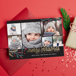 Gold Red Berries 6 Photo Collage Merry Christmas Holiday Card