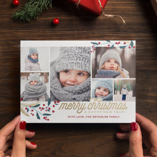 Gold Red Berries 6 Photo Collage Merry Christmas Holiday Card
