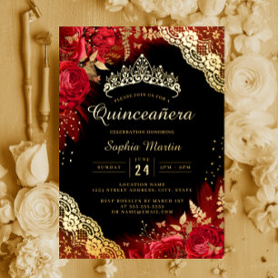 Gold Red Black Floral Lace Quinceanera 