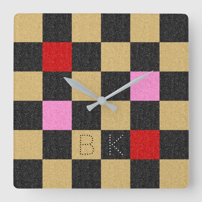 Gold Red Black Pink Glitter Chequered Unique Chic Square Wall Clock (Front)