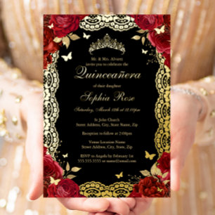 Gold Red Black Rose Lace Quinceanera Birthday