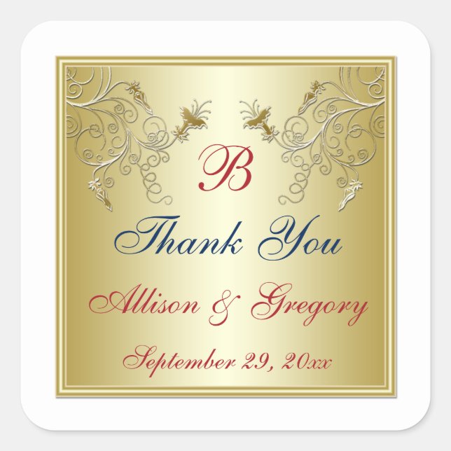 Gold, Red, Blue Monogram Wedding Favour Sticker (Front)