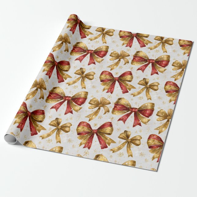 Gold Red Bows Christmas Wrapping Paper (Unrolled)