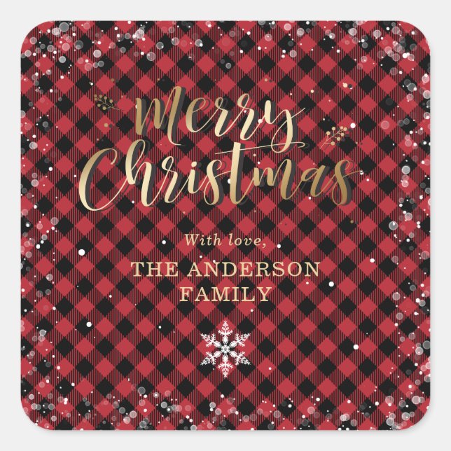 Gold Red Buffalo Plaid Snowflake Christmas Square Sticker (Front)