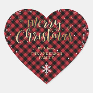 Gold Red Buffalo Plaid Snowflake Merry Christmas Heart Sticker