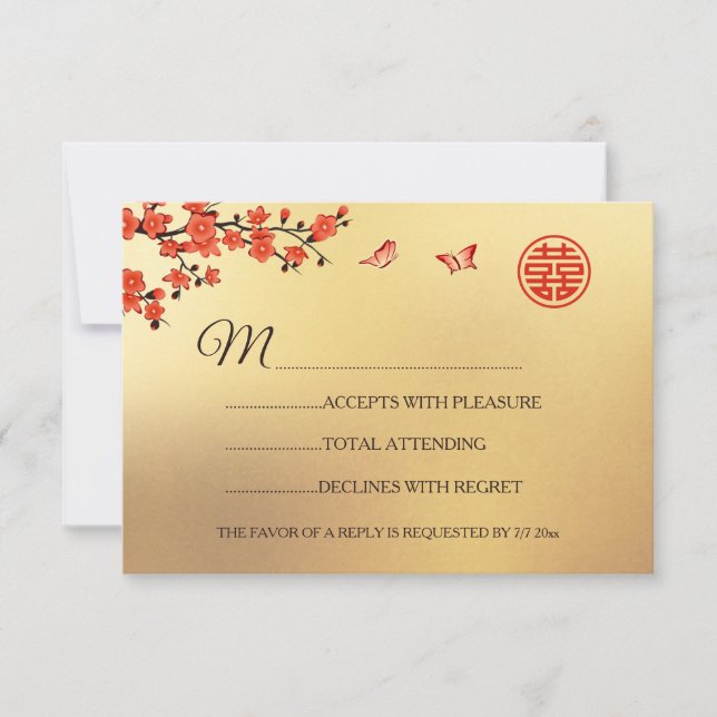  Gold Red Cherry Blossom  RSVP Chinese Wedding (Front)