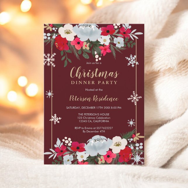 Gold Red Chic floral snowflake Christmas Invitation (Gold Red Chic floral snowflake Christmas Invitation)