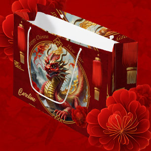Gold red chinese dragon wish you a Happy new year. Large Gift Bag