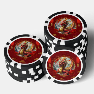 Gold red chinese dragon wish you a Happy new year. Poker Chips