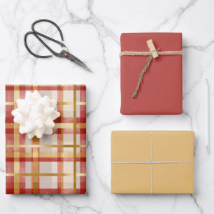 Gold Red Christmas Plaid Wrapping Paper Sheet