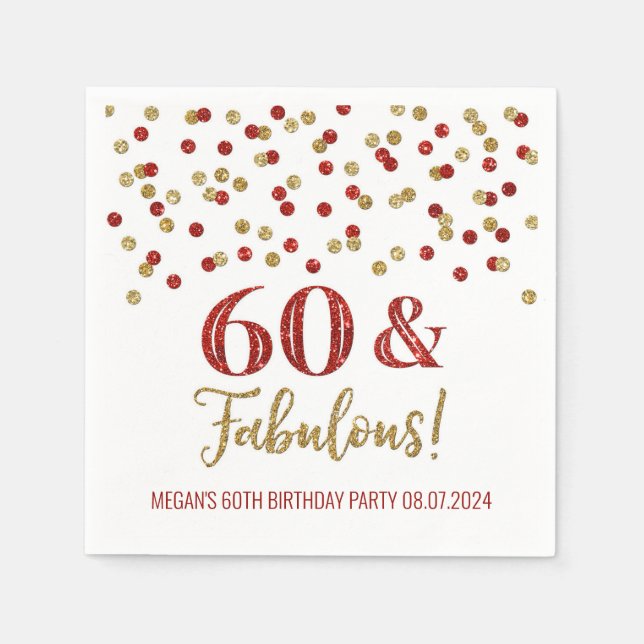 Gold Red Confetti 60 & Fabulous Napkin (Front)