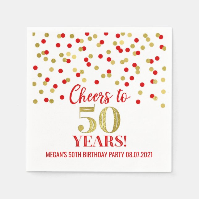 Gold Red Confetti Cheers to 50 Years Birthday Napkin (Front)