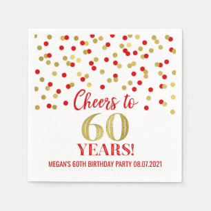 Gold Red Confetti Cheers to 60 Years Birthday Napkin
