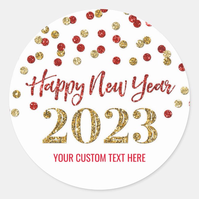 Gold Red Confetti Happy New Year 2023 Classic Round Sticker (Front)