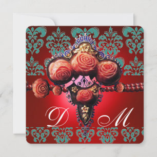 GOLD RED CORAL ROSES,BLUE BLACK DAMASK MONOGRAM INVITATION