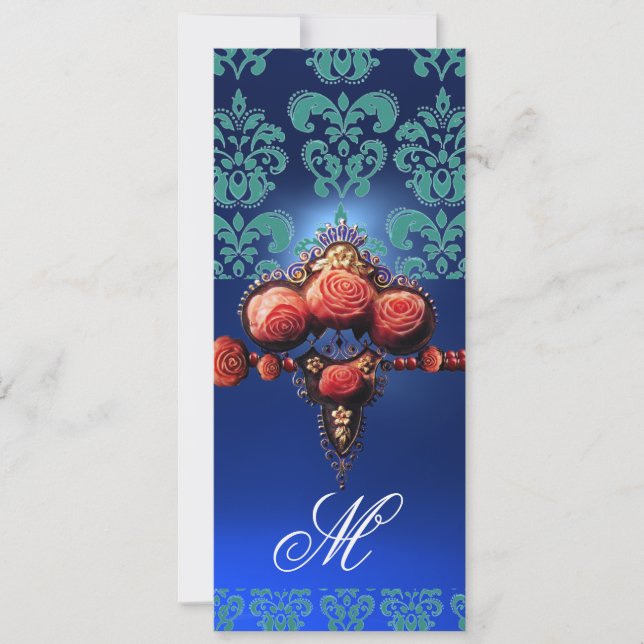 GOLD RED CORAL ROSES, BLUE BLACK DAMASK MONOGRAM INVITATION (Front)
