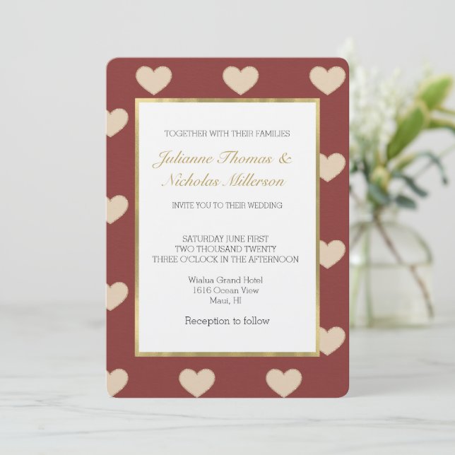 Gold Red Cream Glitter Hearts Wedding Invitation (Standing Front)