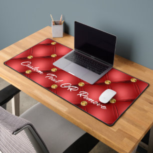 Gold Red Diamond Tufted Custom Text Name Desk Mat