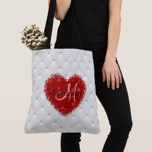 Gold Red Diamond Tufted Leather Custom Text Name Tote Bag