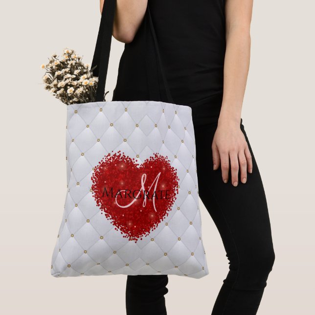 Gold Red Diamond Tufted Leather Custom Text Name  Tote Bag (Close Up)