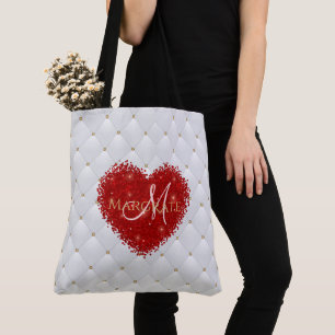 Gold Red Diamond Tufted Leather Custom Text Name Tote Bag