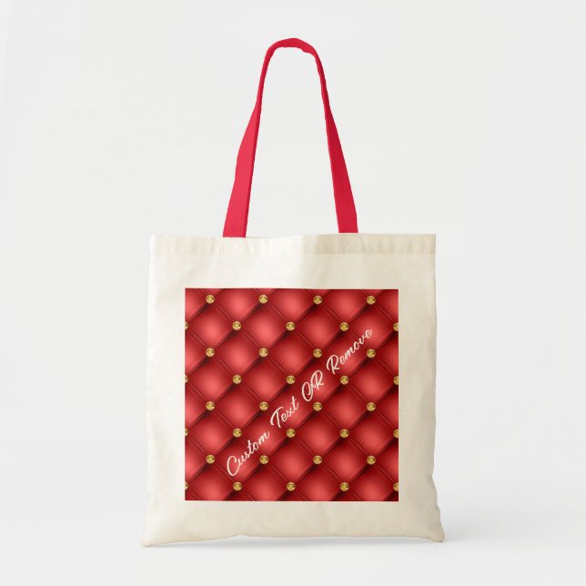 Gold Red Diamond Tufted Leather Custom Text Name Tote Bag (Front)