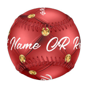 Gold Red Diamond Tufted Leather Text Name Baseball