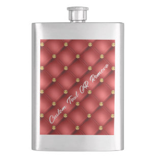 Gold Red Diamond Tufted Leather Text Name Flask