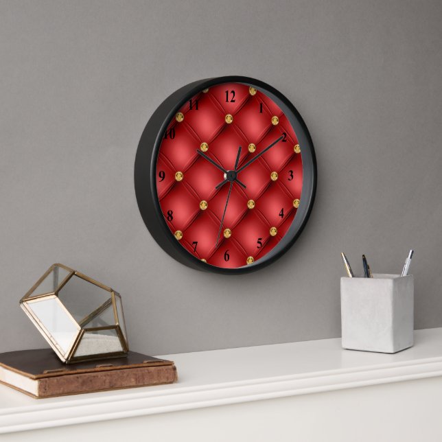 Gold Red Diamond Tufted Leather Wall Clock (Office)