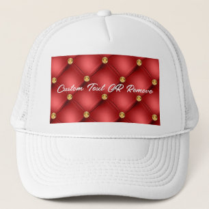 Gold Red Diamond Tufted Leather Your Text Name Trucker Hat