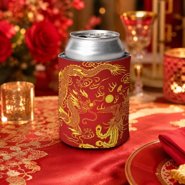 Gold Red Dragon Phoenix Chinese Wedding Favour Can Cooler (Gold Red Dragon Phoenix Chinese Wedding Favor Can Cooler)