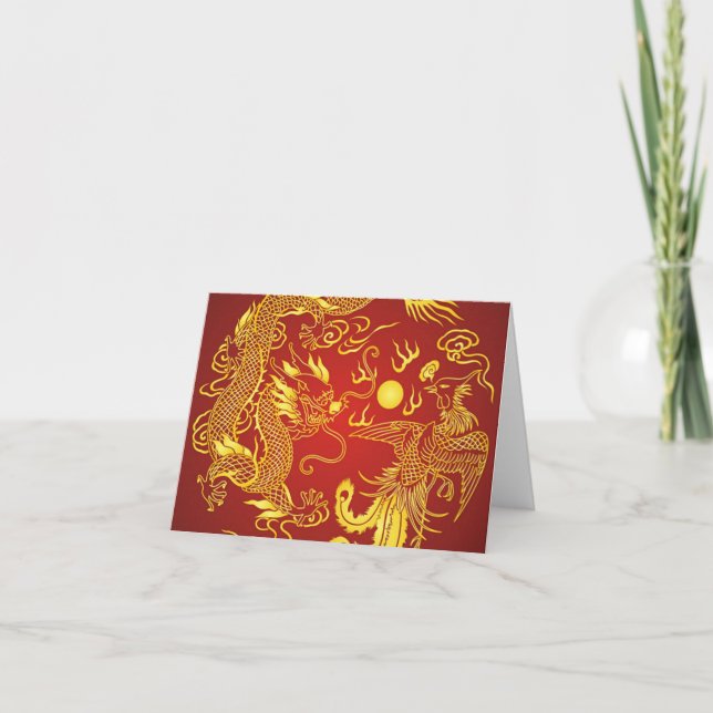 Gold Red Dragon Phoenix Chinese Wedding Favour Card (Front)