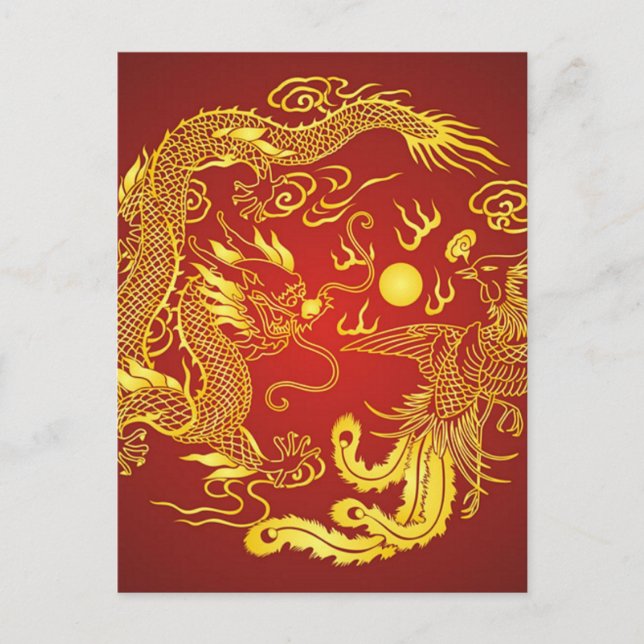 Gold Red Dragon Phoenix Chinese Wedding Favour Postcard (Front)