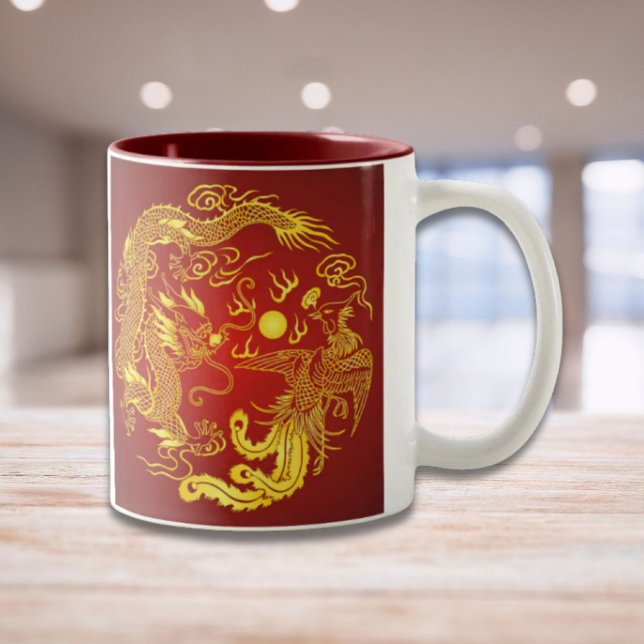 Gold Red Dragon Phoenix Chinese Wedding Favour Two-Tone Coffee Mug (Gold Red Dragon Phoenix Chinese Wedding Favor Two-Tone Coffee Mug)