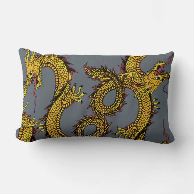 Gold & Red Dragons on Grey Lumbar Cushion (Front)