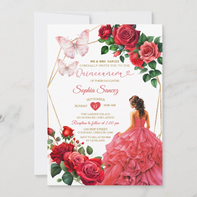 Gold & Red Dress Floral Princess Quinceañera Invitation (Front)