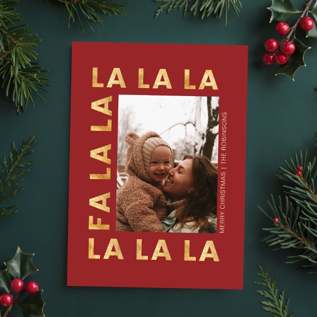 Gold & Red Fa la la Festive Family Christmas Photo Holiday Card (Creator Uploaded)