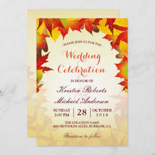 Gold Red Fall Leaves   Autumn Wedding Celebration Invitation