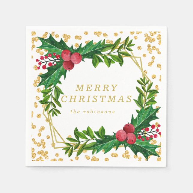 Gold Red Family Christmas Party Holly Glitter Napkin (Front)