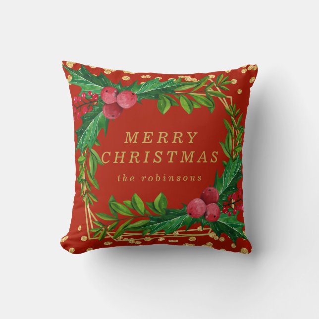 Gold Red Family Merry Christmas Holly Glitter Cushion (Front)