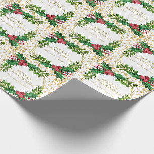 Gold Red Family Merry Christmas Holly Glitter Wrapping Paper