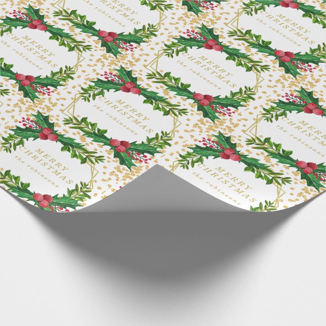 Gold Red Family Merry Christmas Holly Glitter Wrapping Paper (Corner)